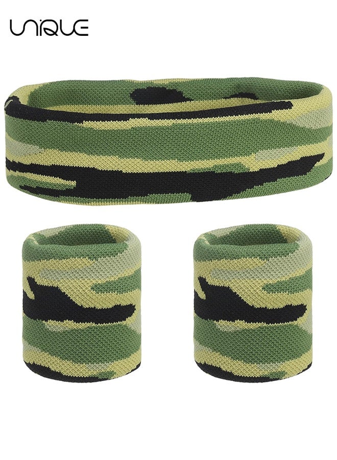 Unique 3PCS Sweat Band Set Sports Terry Cloth Headband Wristband Set Moisture Wicking Sweat Absorbing Head Band for Women Men Workout Exercise (Striped Camouflage) - Image 1